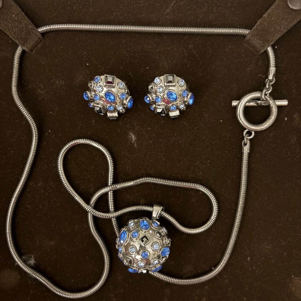 St. John Silver and Blue Necklace and Earrings with Starburst Design